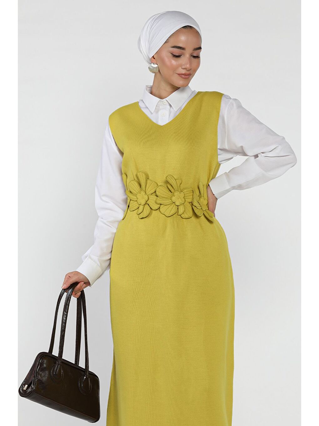 Yeşil Gül Figürlü Triko Elbise Gömlek Tesettür İkili Takım-2