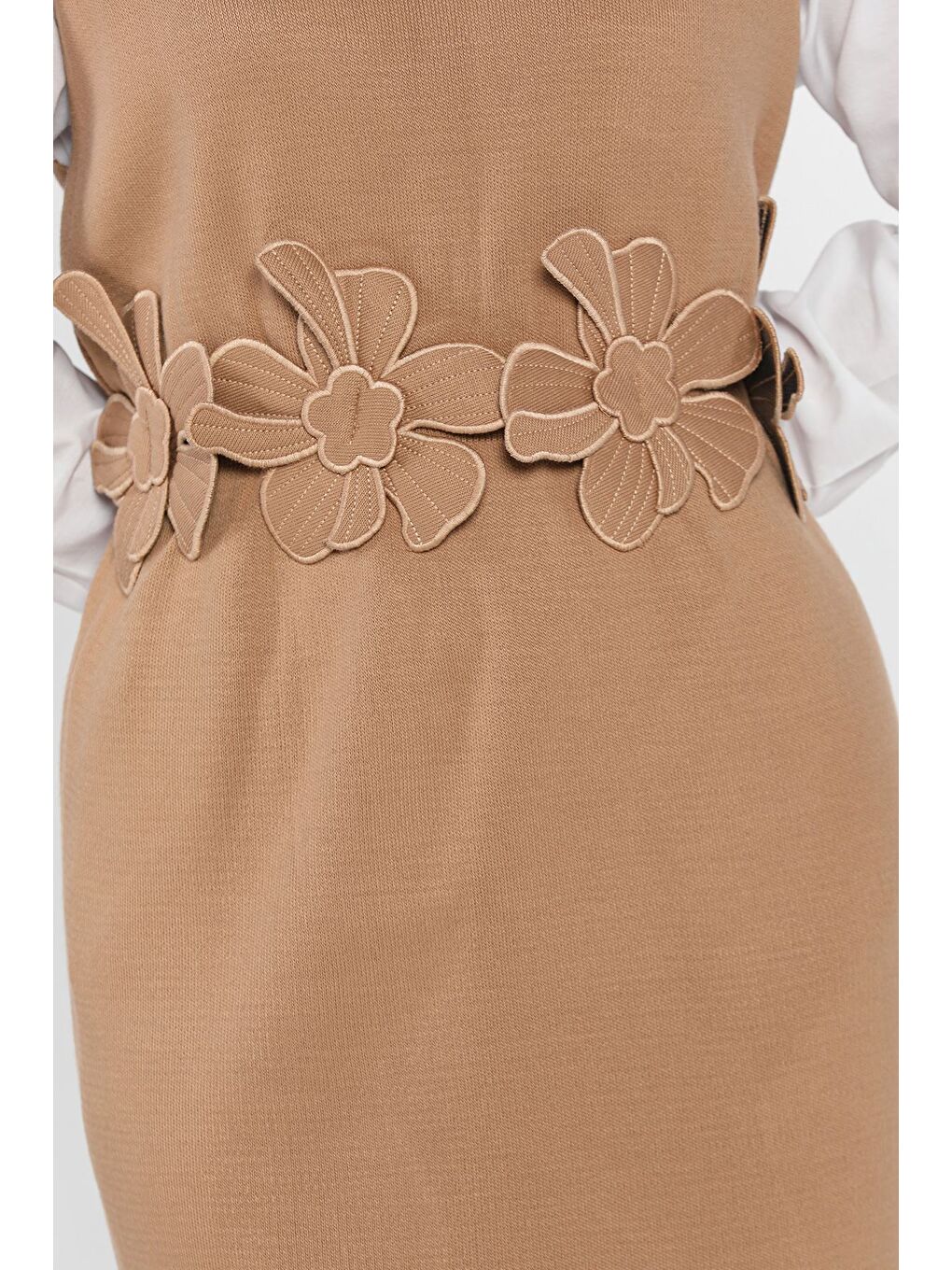 Ekru Gül Figürlü Triko Elbise Gömlek Tesettür İkili Takım-5