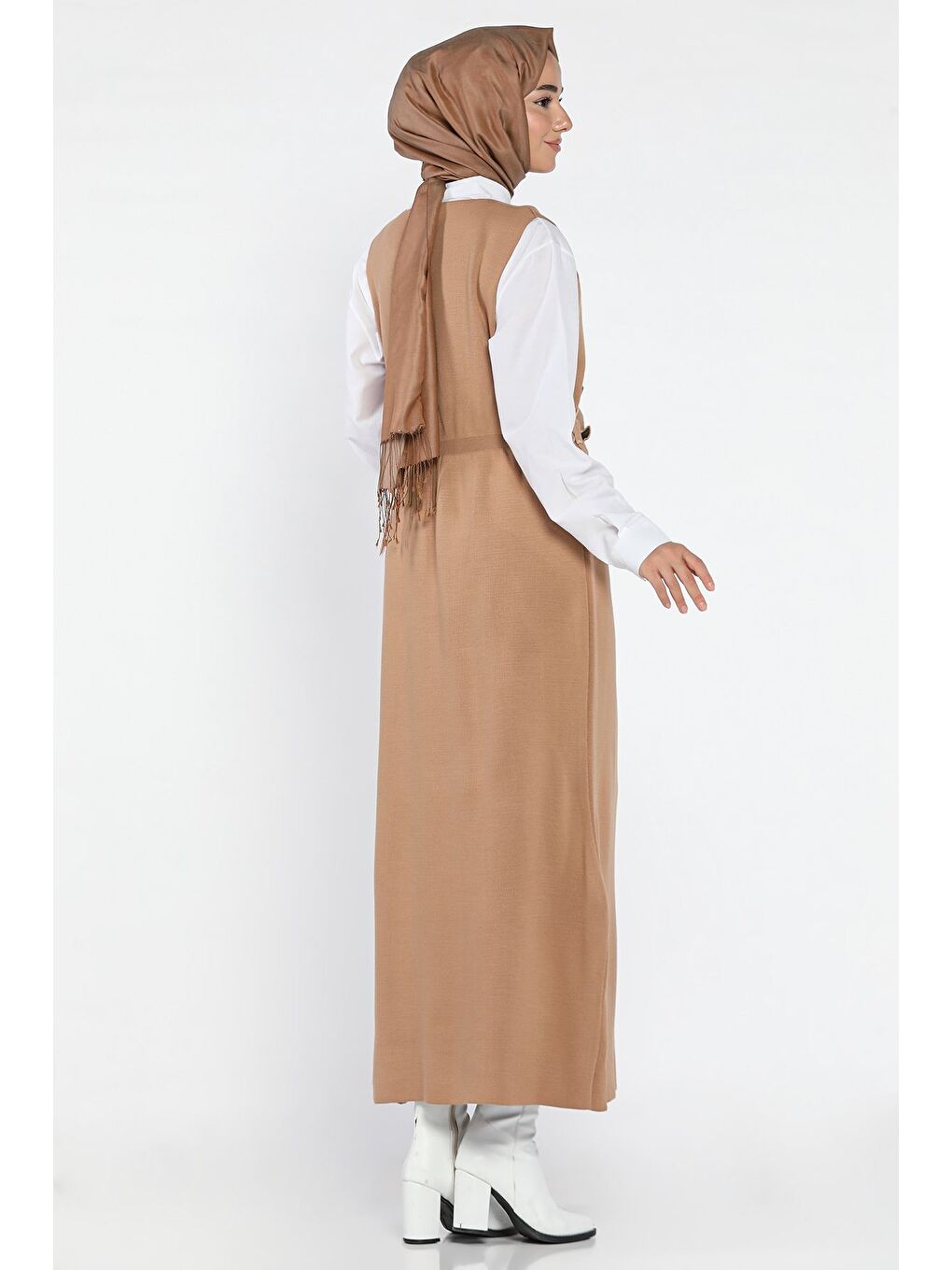 Ekru Gül Figürlü Triko Elbise Gömlek Tesettür İkili Takım-7