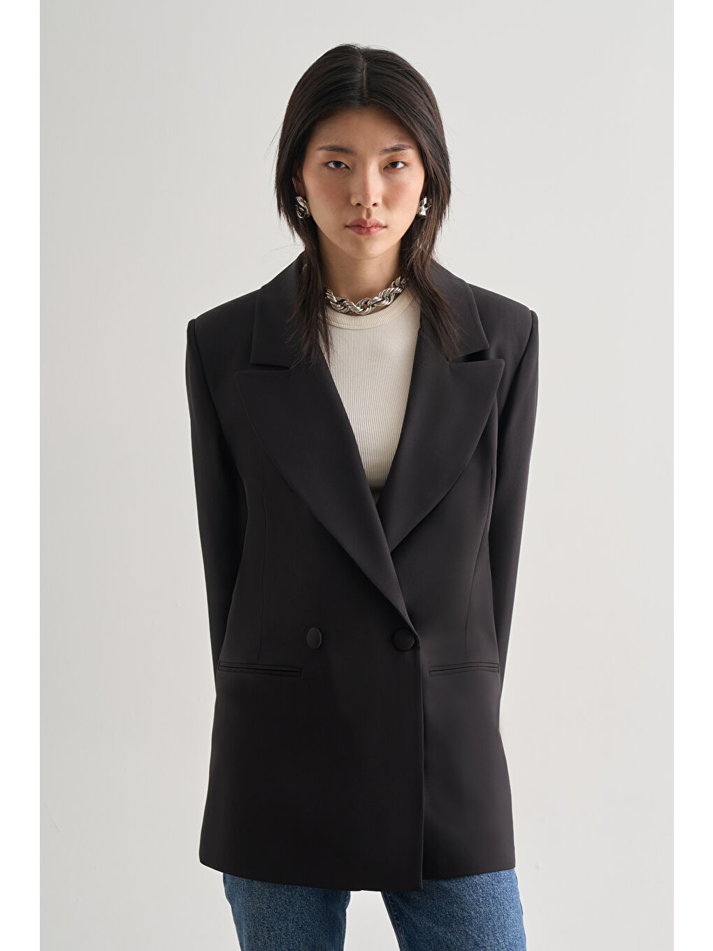 Oversize Çift Yırtmaçlı Siyah Blazer Ceket-1