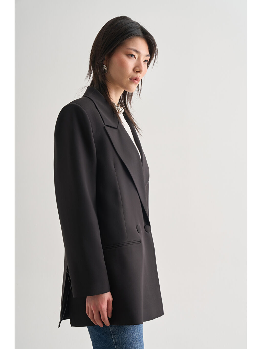 Oversize Çift Yırtmaçlı Siyah Blazer Ceket-2