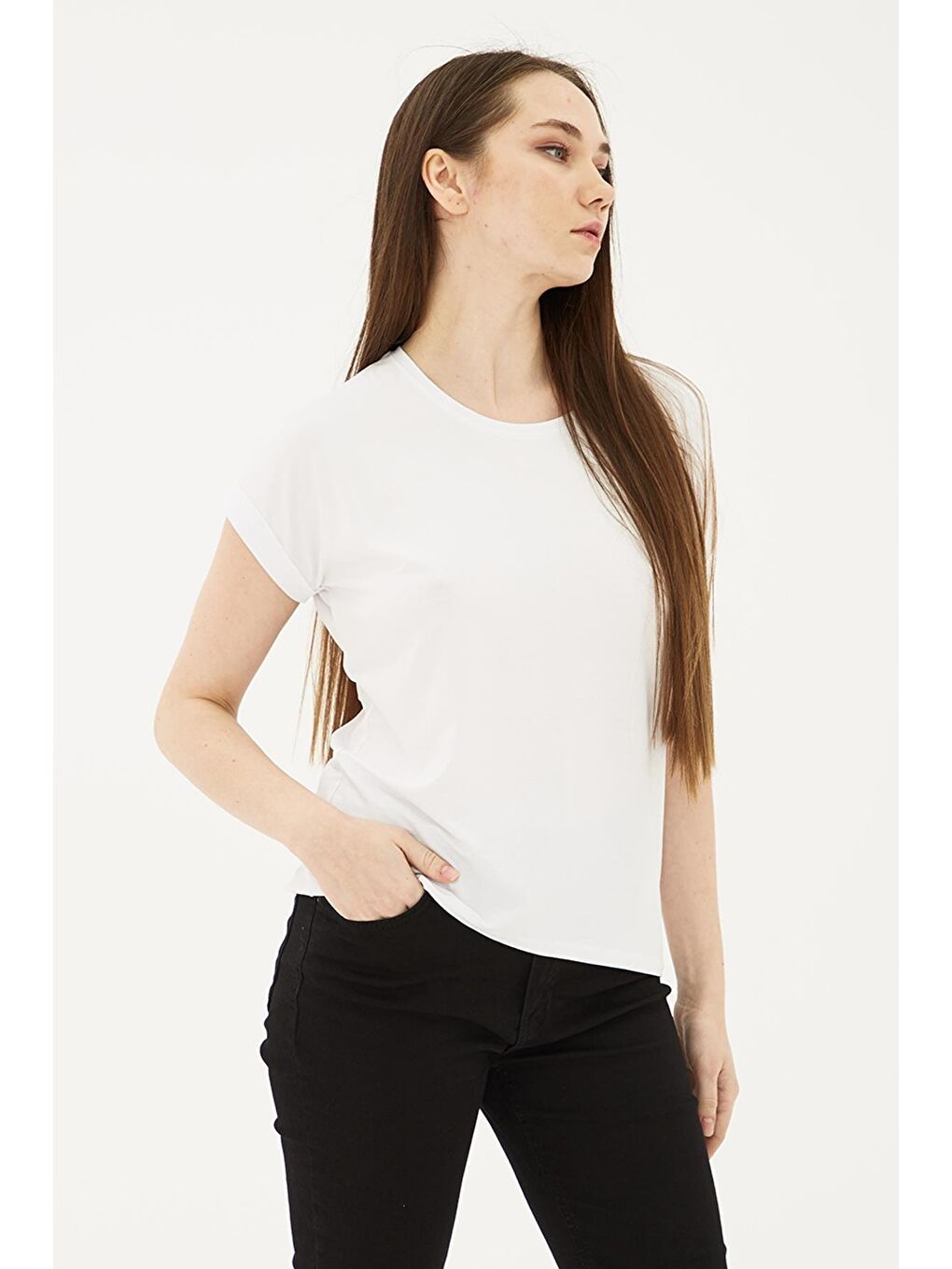 Ekru Dökümlü Bisiklet Yaka Basic T Shirt 26Y0194K1-1