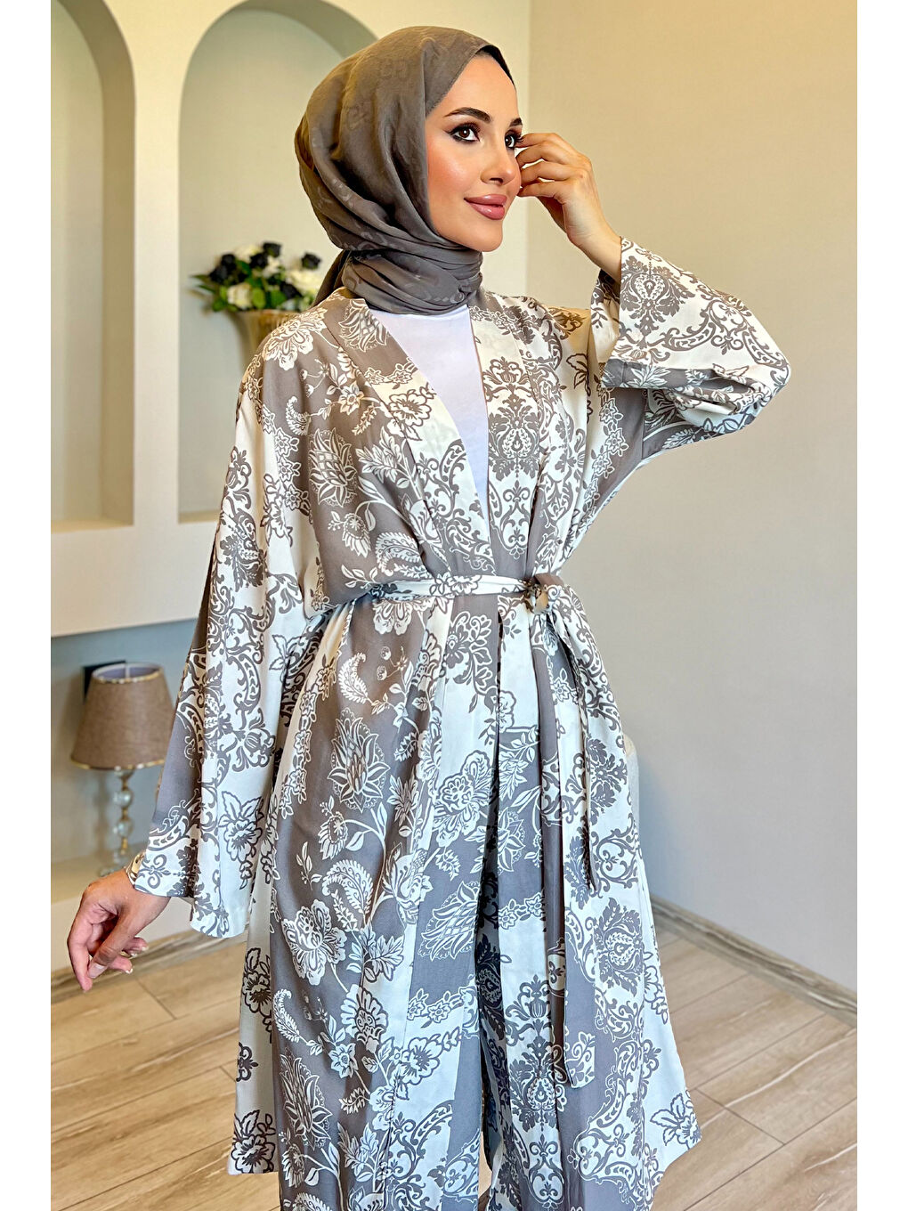 Julude Krem Desenli Tesettür Viskon Kimono İkili Takım - 2