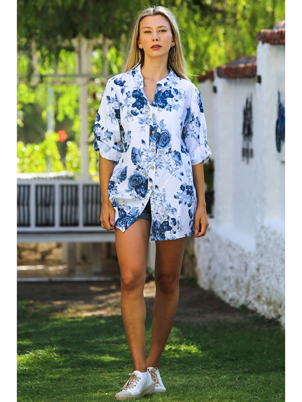 İtalyan Beyaz-Mavi Hakim Yaka Düğmeli Uzun Kollu Çiçekli Dokuma Casual Keten Gömlek-6