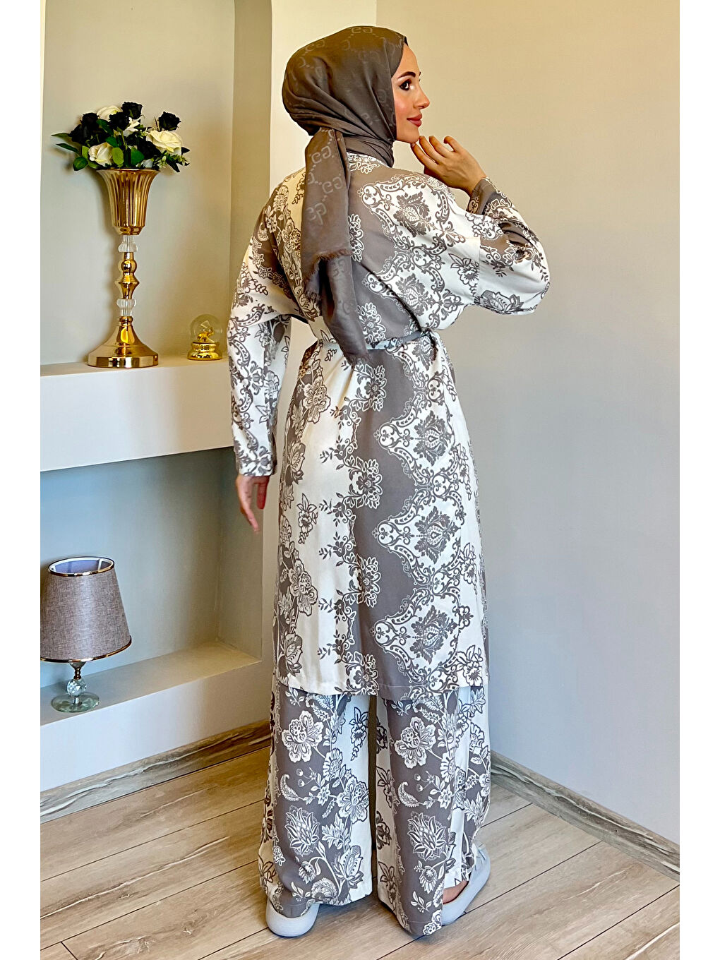 Julude Krem Desenli Tesettür Viskon Kimono İkili Takım - 3