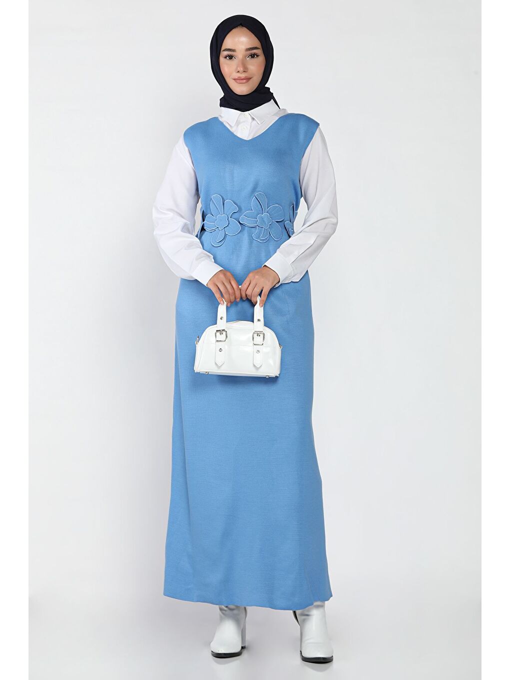 Mavi Gül Figürlü Triko Elbise Gömlek Tesettür İkili Takım-0