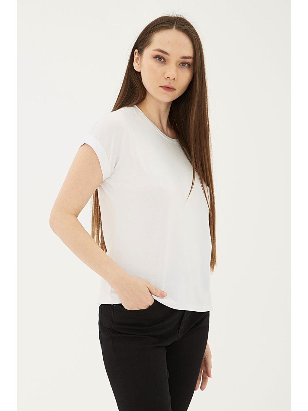 Ekru Dökümlü Bisiklet Yaka Basic T Shirt 26Y0194K1-2