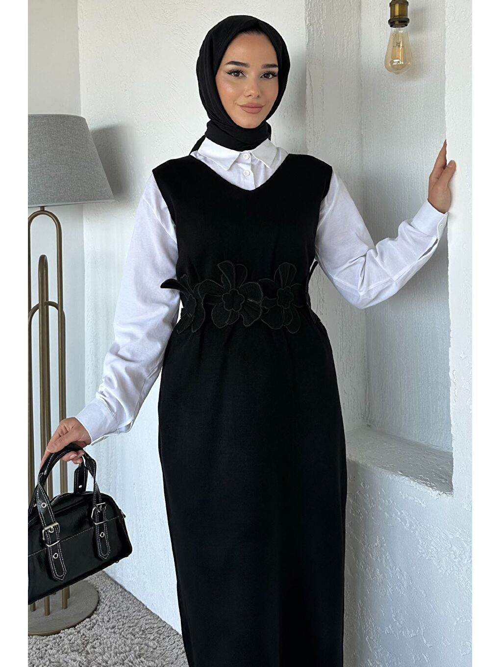 Siyah Gül Figürlü Triko Elbise Gömlek Tesettür İkili Takım