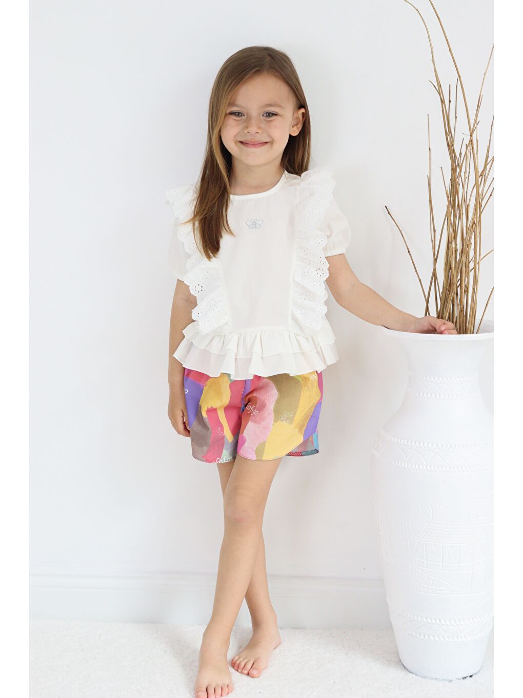 Ekru Fistolu Kelebek Motif Şortlu Pamuk Dokuma Kız Çocuk Takım TF7352-3