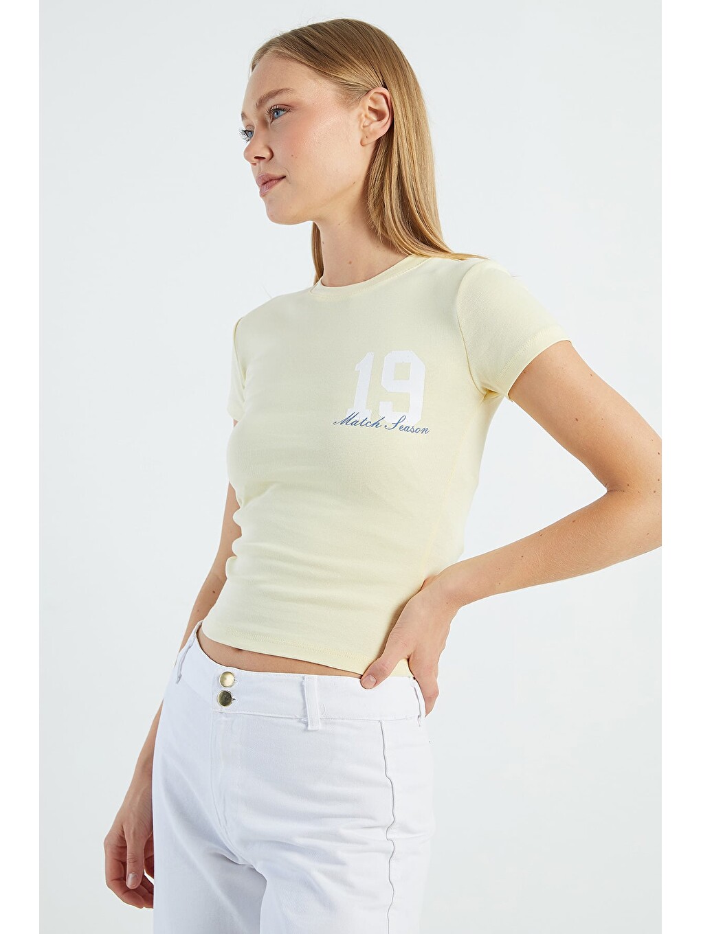 Sarı 19 Baskılı Slim Fit Tişört-4