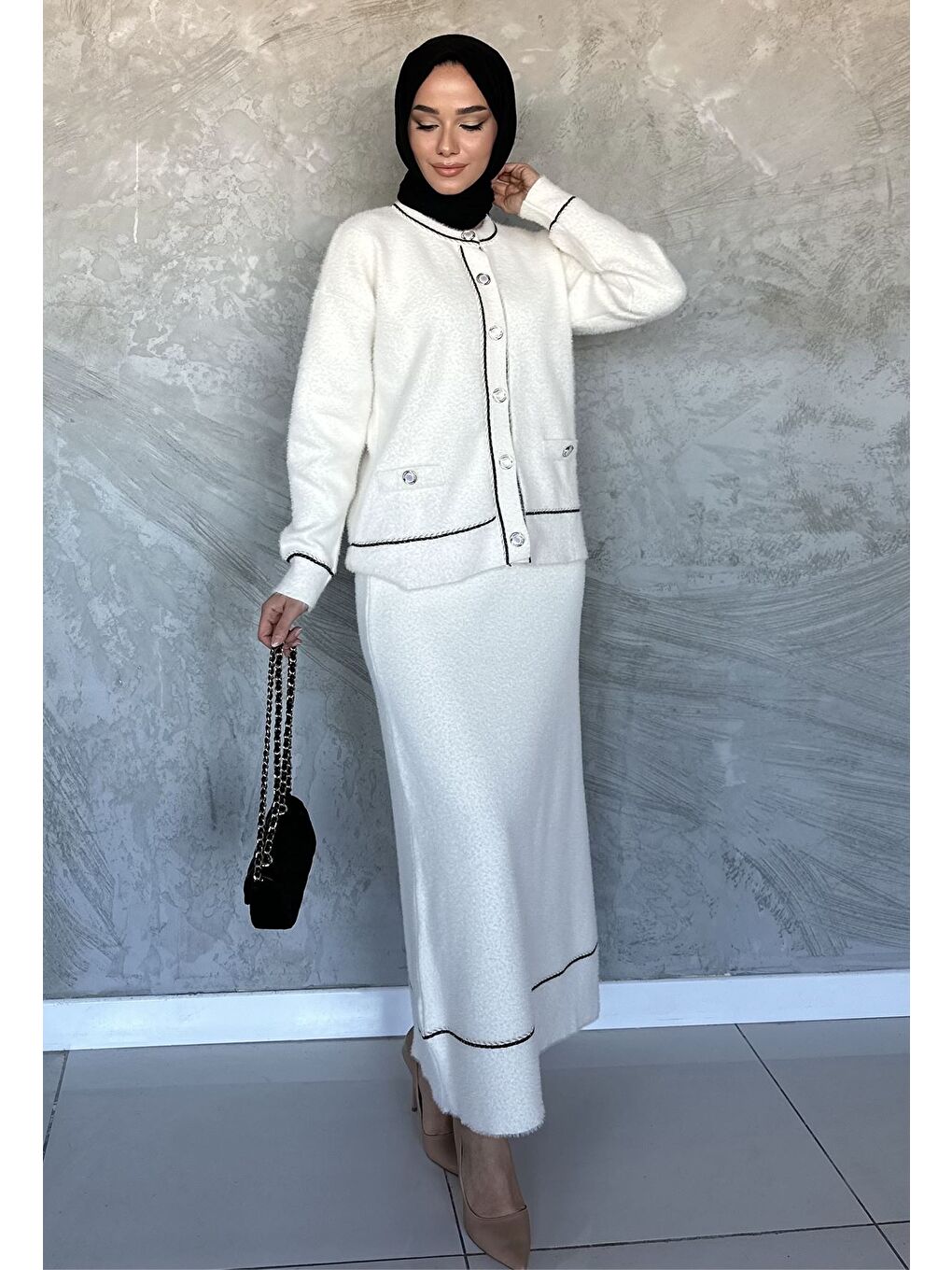 Ekru Kadın Triko Etek Hırka Tesettür İkili Takım (s,m,l,xl Uyumludur)