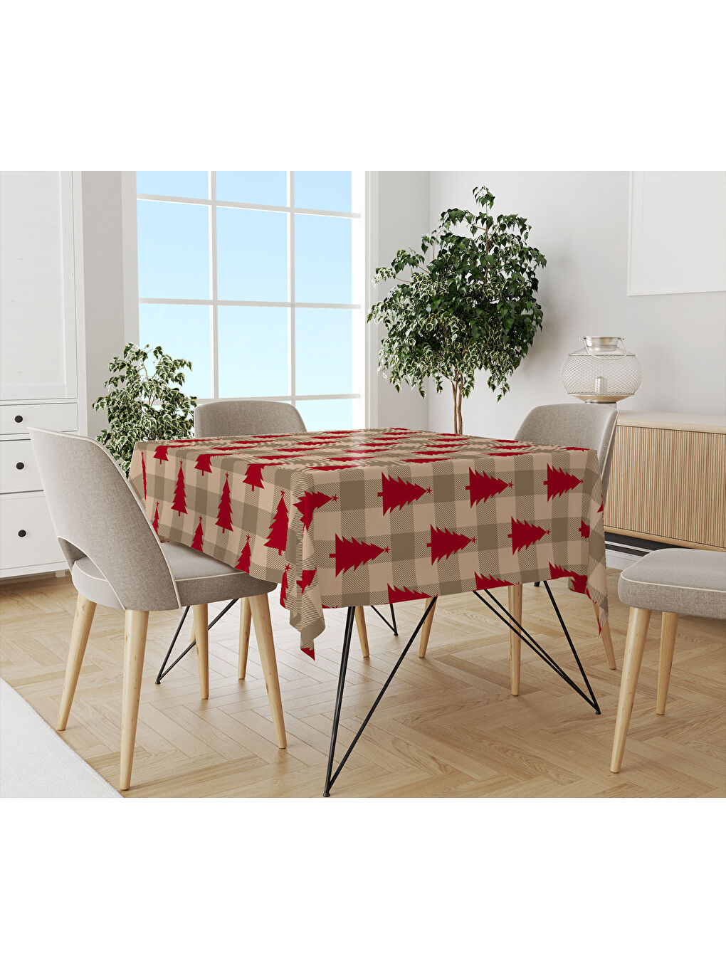 Karışık Yılbaşı Temalı Çam Ağaçlı Desenli Dijital Baskılı Masa Örtüsü