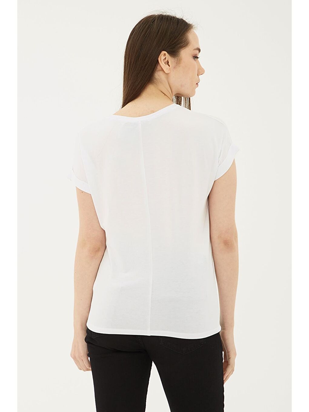 Ekru Dökümlü Bisiklet Yaka Basic T Shirt 26Y0194K1-3