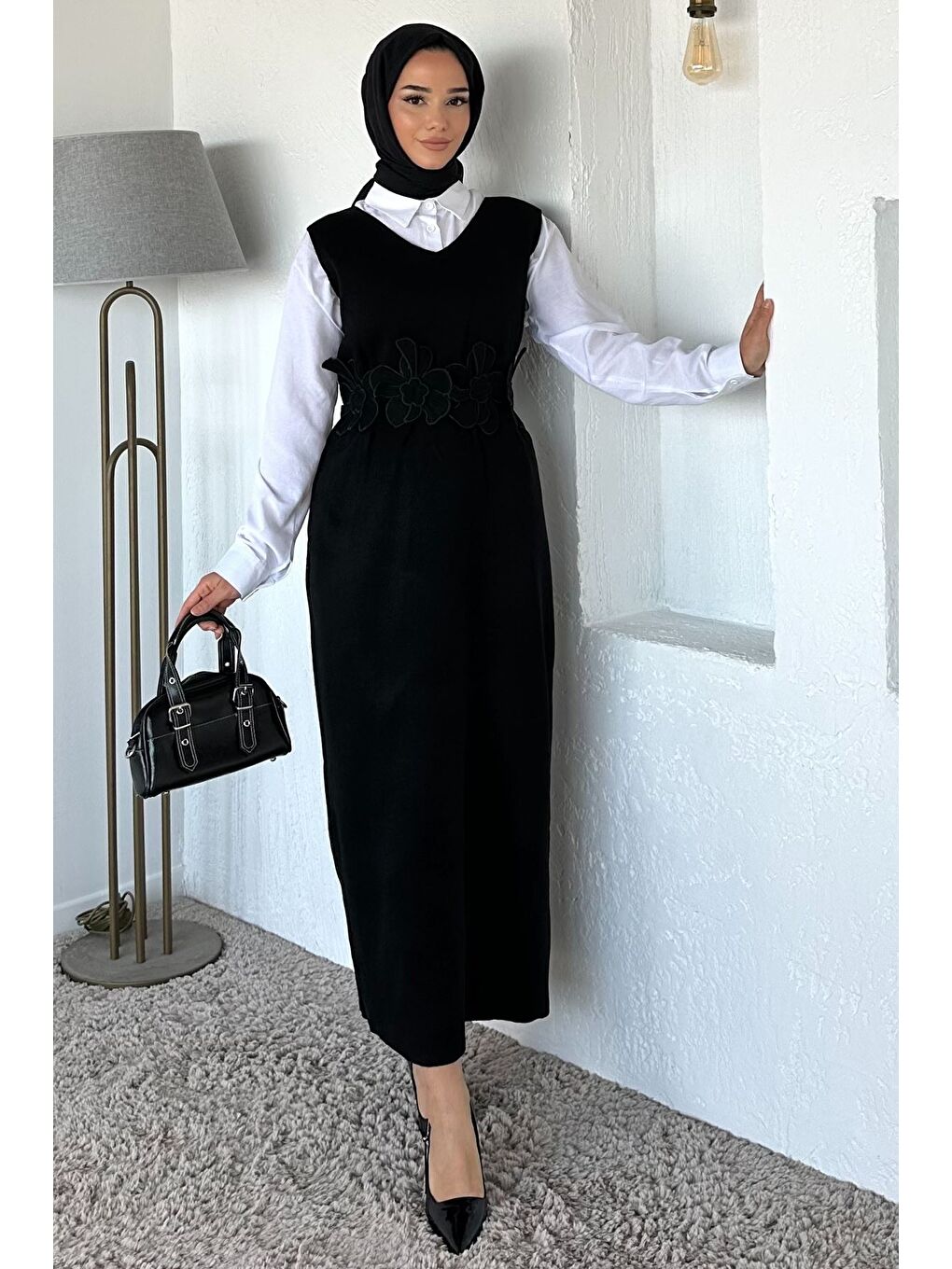 Siyah Gül Figürlü Triko Elbise Gömlek Tesettür İkili Takım-2