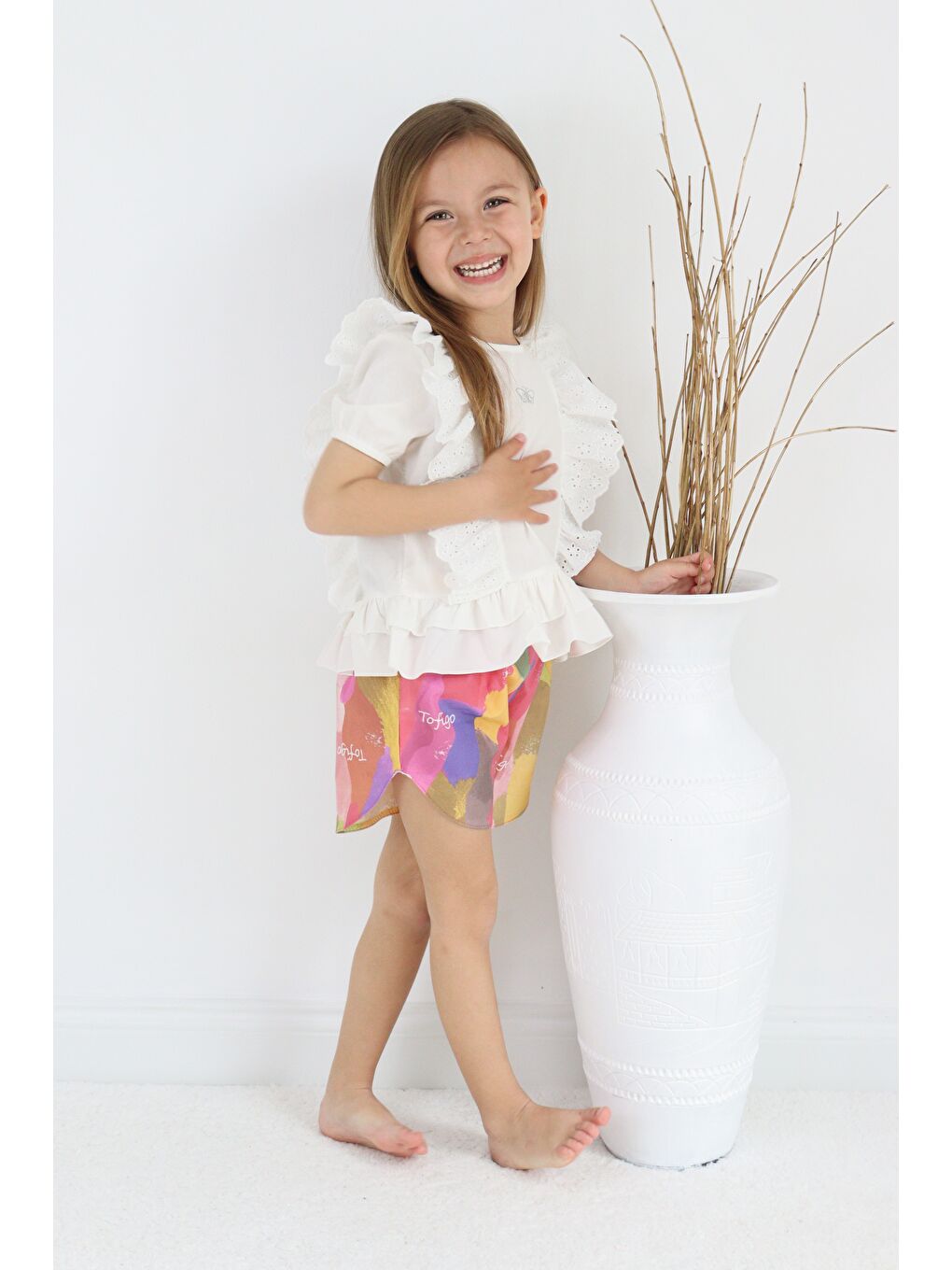 Ekru Fistolu Kelebek Motif Şortlu Pamuk Dokuma Kız Çocuk Takım TF7352-4