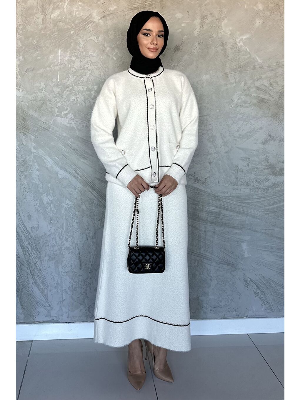 Ekru Kadın Triko Etek Hırka Tesettür İkili Takım (s,m,l,xl Uyumludur)-1