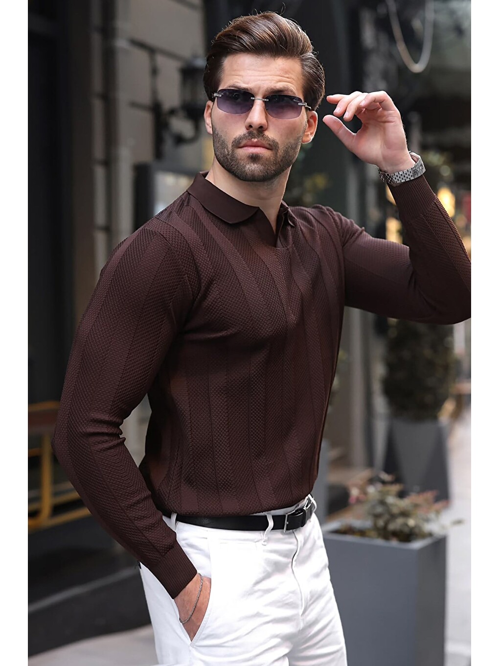 Kahverengi Regular Fit Polo Yaka Triko Erkek Kazak E7509-3