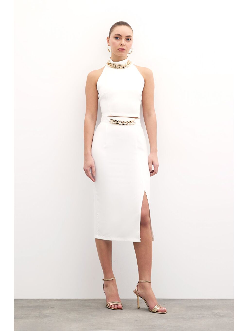 Ön Zincir Detaylı Etek - Ekru