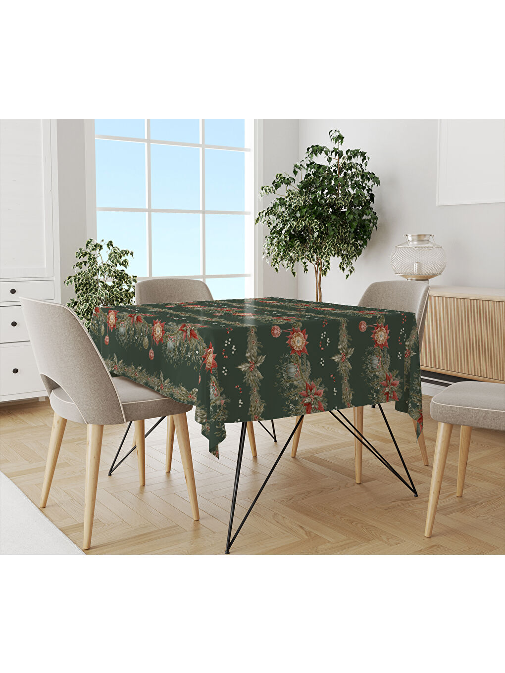 Karışık Yılbaşı Temalı Kokina Desenli Dijital Baskılı Masa Örtüsü