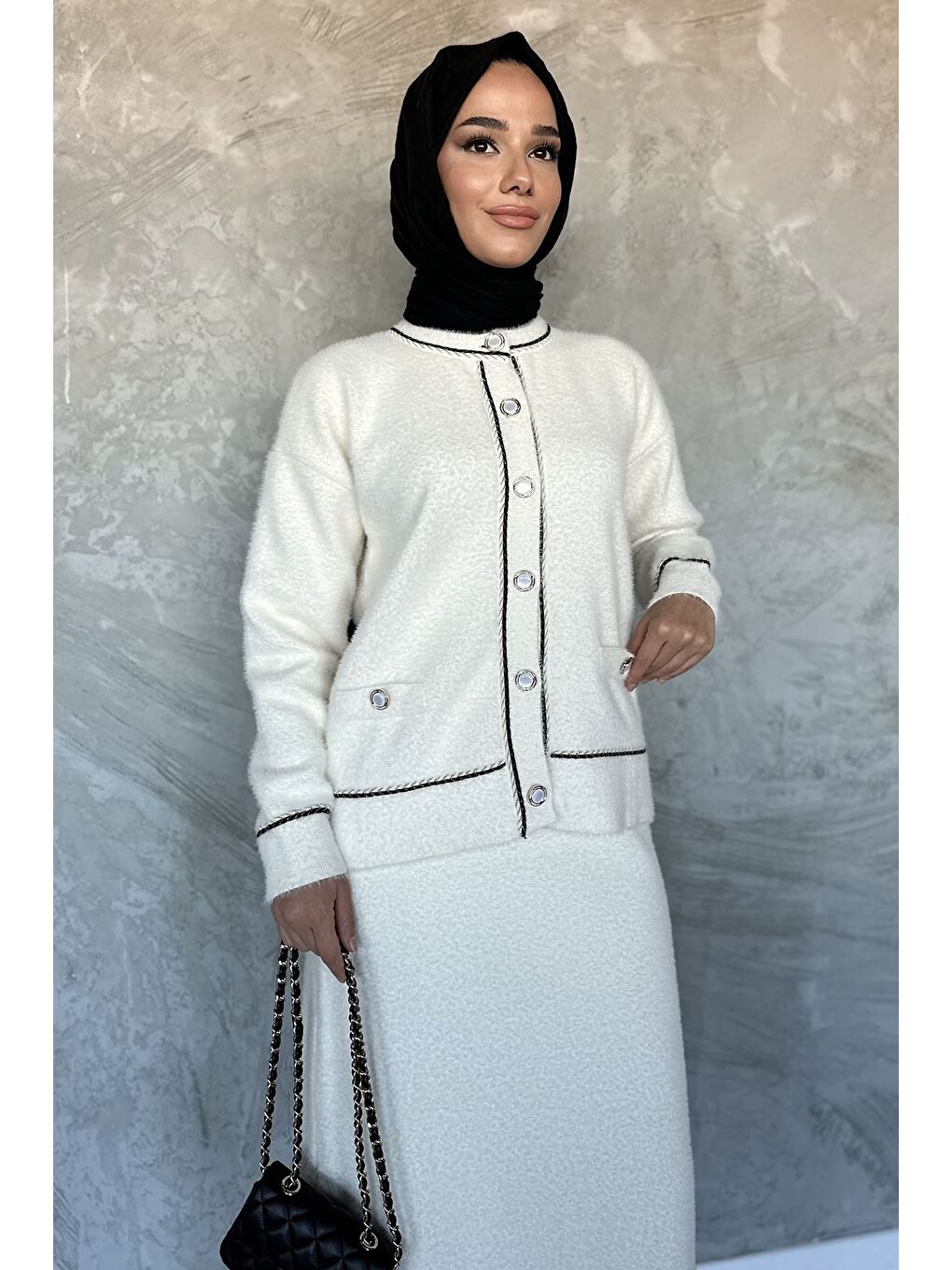 Ekru Kadın Triko Etek Hırka Tesettür İkili Takım (s,m,l,xl Uyumludur)-2