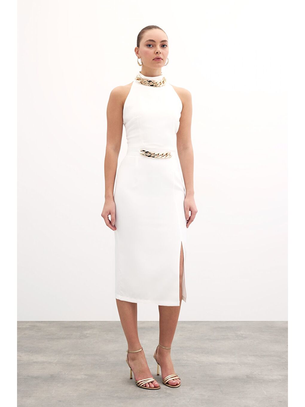 Ön Zincir Detaylı Etek - Ekru-1