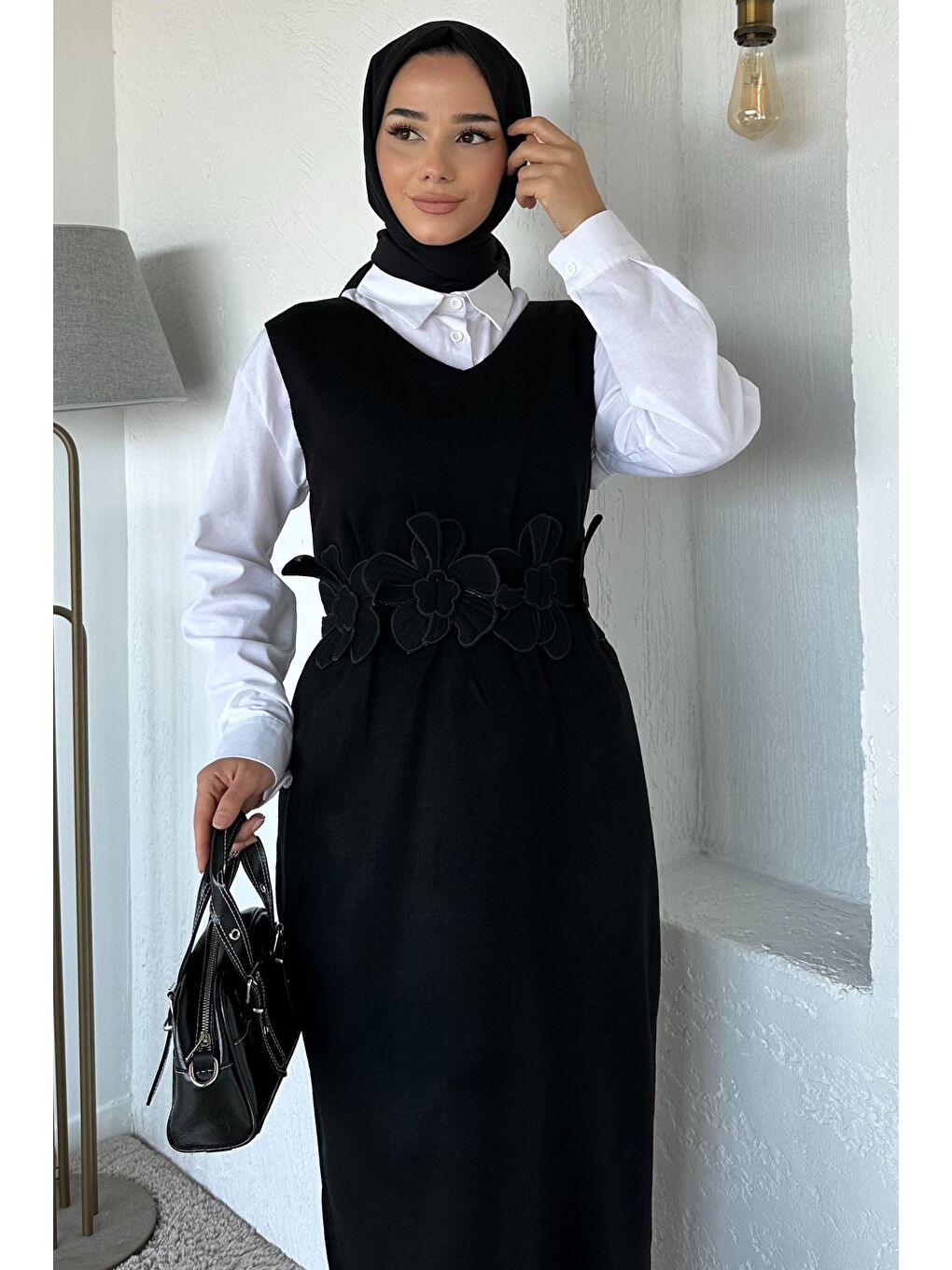 Siyah Gül Figürlü Triko Elbise Gömlek Tesettür İkili Takım-4