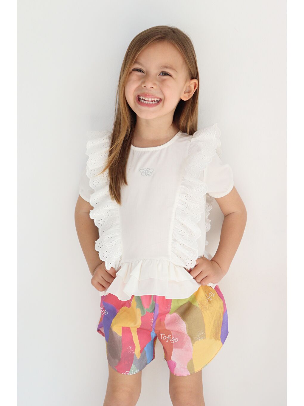 Ekru Fistolu Kelebek Motif Şortlu Pamuk Dokuma Kız Çocuk Takım TF7352-5