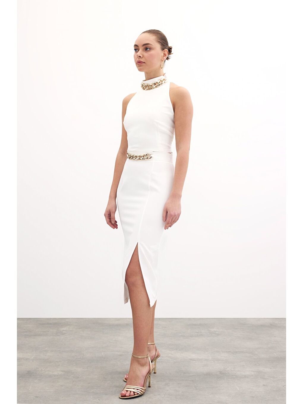 Ön Zincir Detaylı Etek - Ekru-2