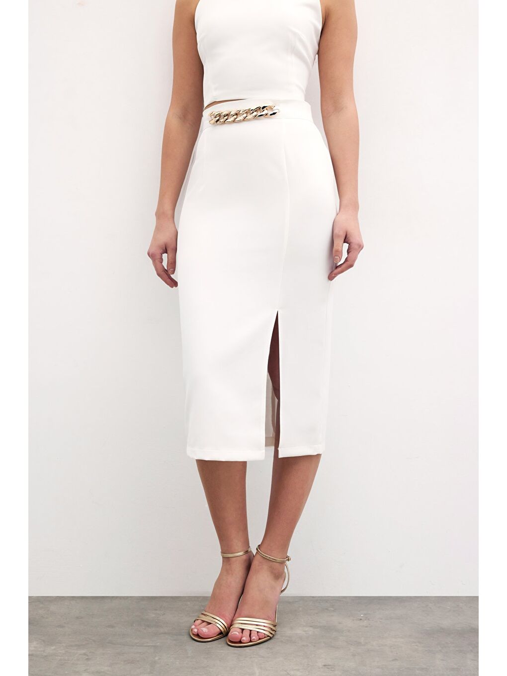 Ön Zincir Detaylı Etek - Ekru-3
