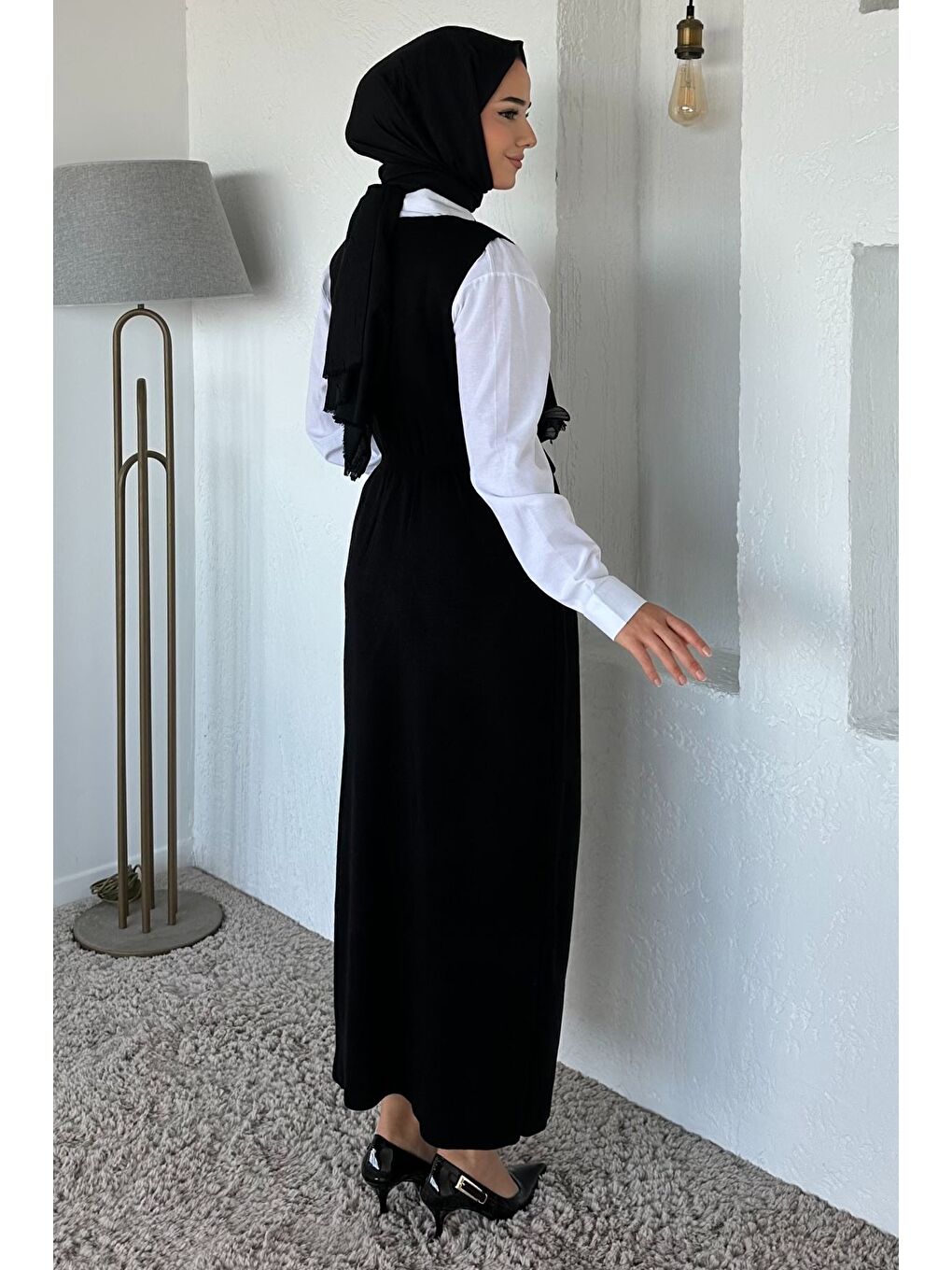 Siyah Gül Figürlü Triko Elbise Gömlek Tesettür İkili Takım-6