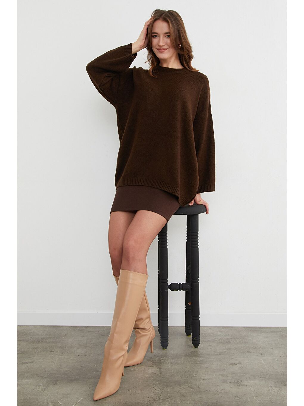 Kahverengi Basic Bisiklet Yaka Salaş Triko Kazak-2