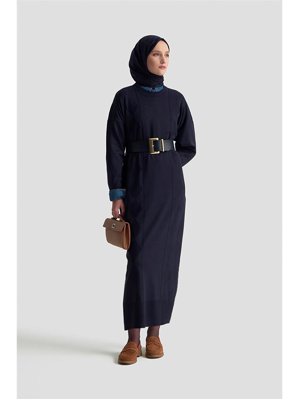 Baklava Desenli Triko Elbise 25Ktd958 Lacivert-1