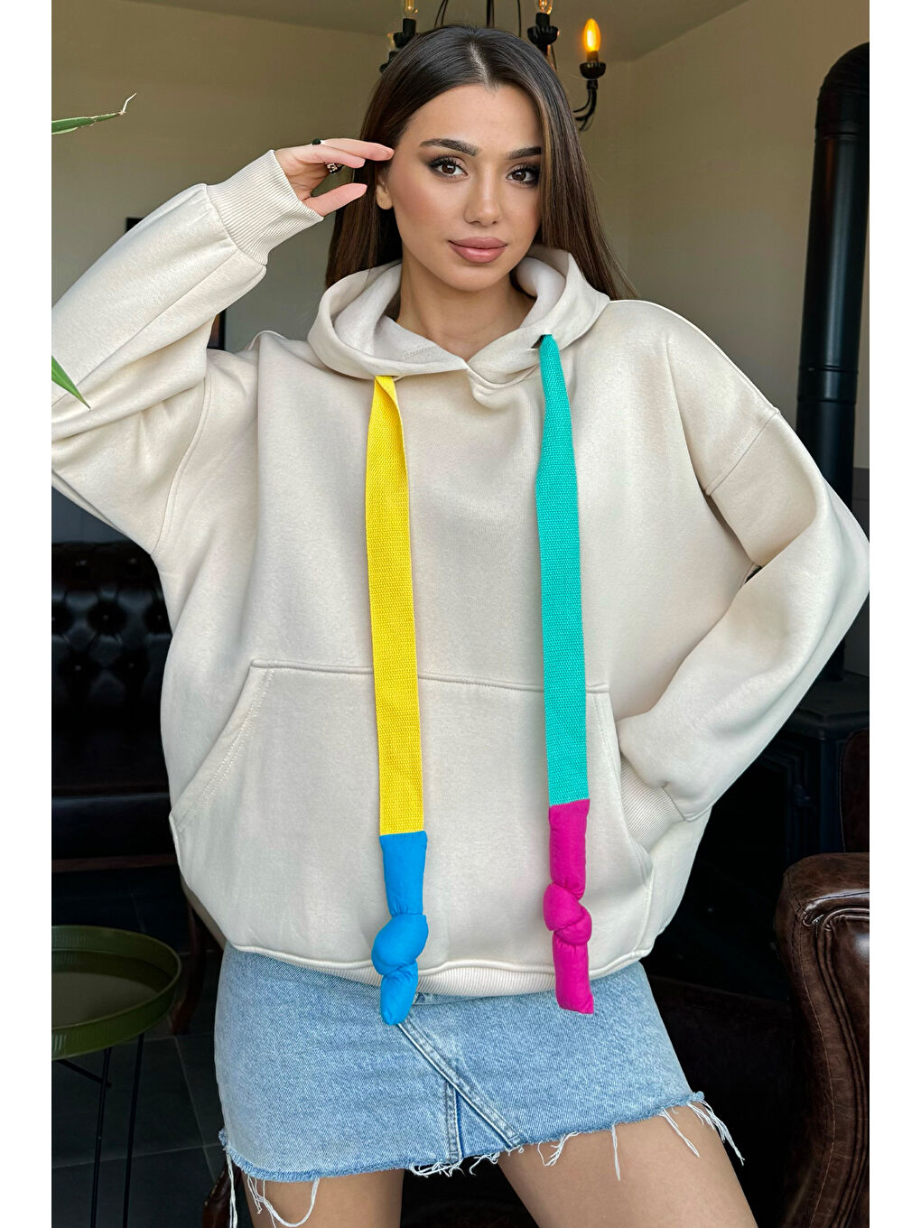 Bej Kadın Kapüşonlu Renkli Şeritli Şardonlu Sweatshirt