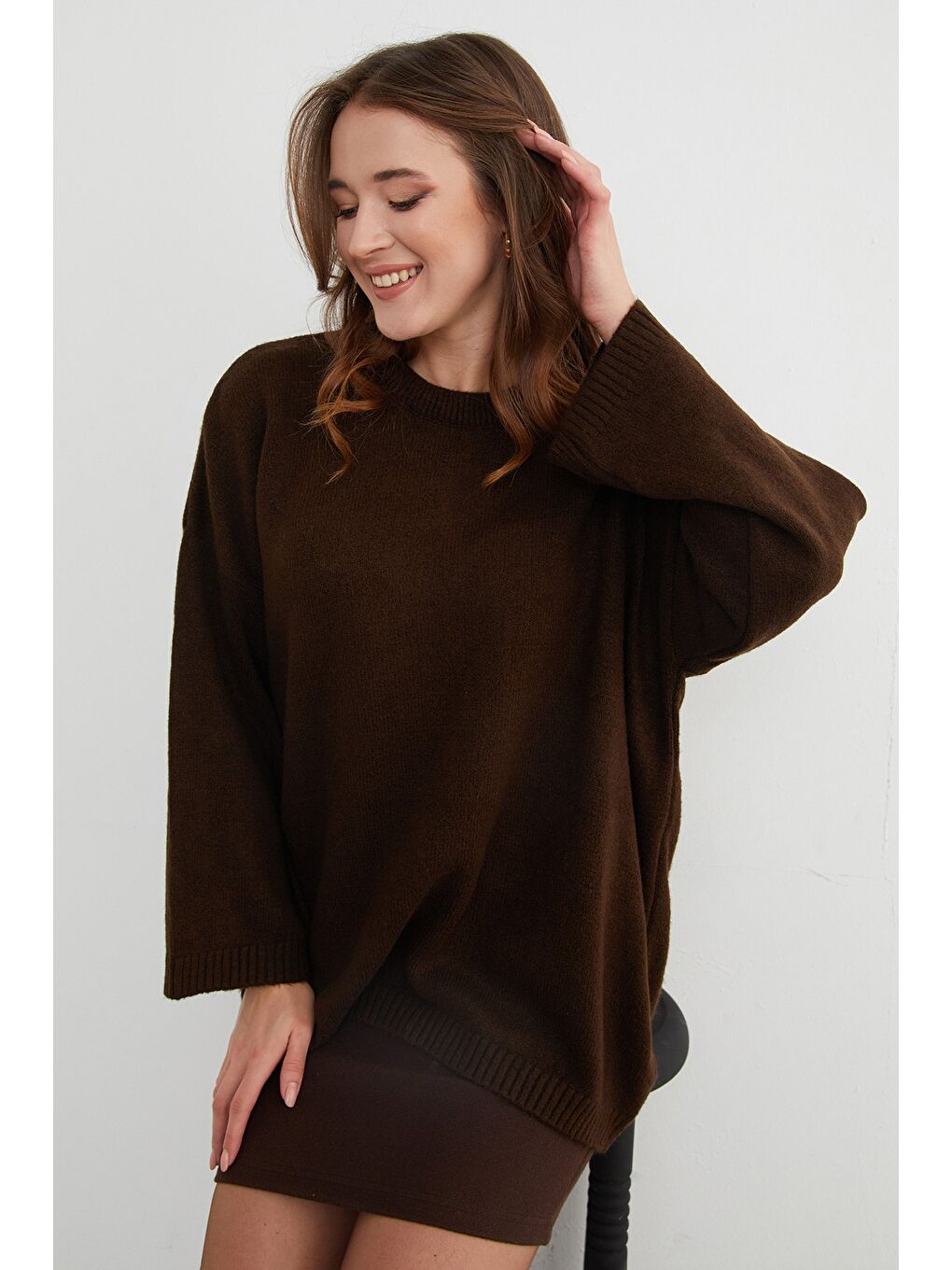 Kahverengi Basic Bisiklet Yaka Salaş Triko Kazak-3