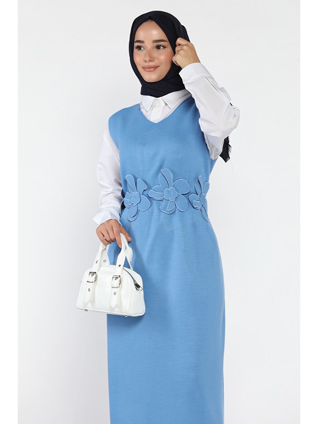 Mavi Gül Figürlü Triko Elbise Gömlek Tesettür İkili Takım-4