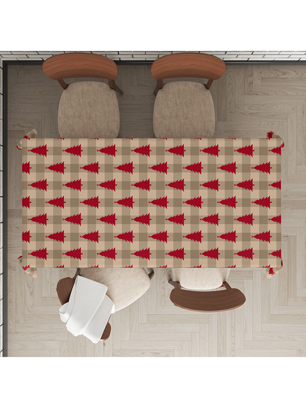 Karışık Yılbaşı Temalı Çam Ağaçlı Desenli Dijital Baskılı Masa Örtüsü-1