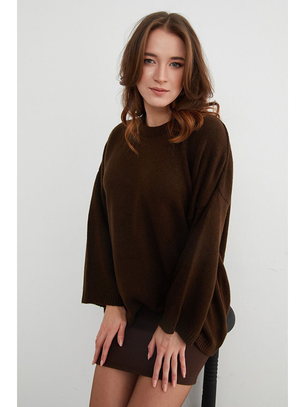 Kahverengi Basic Bisiklet Yaka Salaş Triko Kazak-4