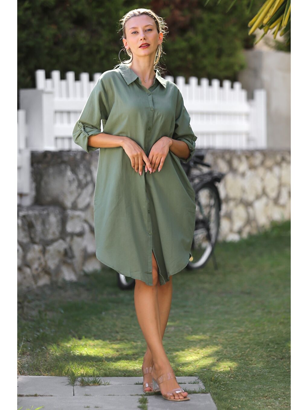 Haki Gömlek Yaka Düğmeli Uzun Kollu Cepli Tavuskuşu Nakışlı Pamuklu Dokuma Casual Elbise-3