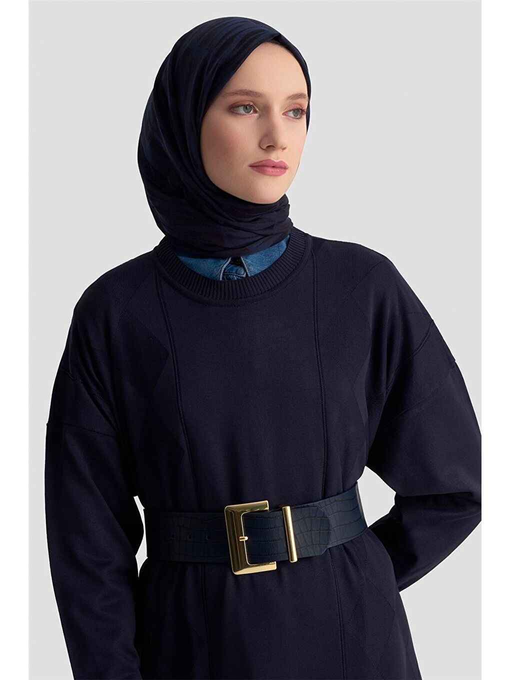 Baklava Desenli Triko Elbise 25Ktd958 Lacivert-2