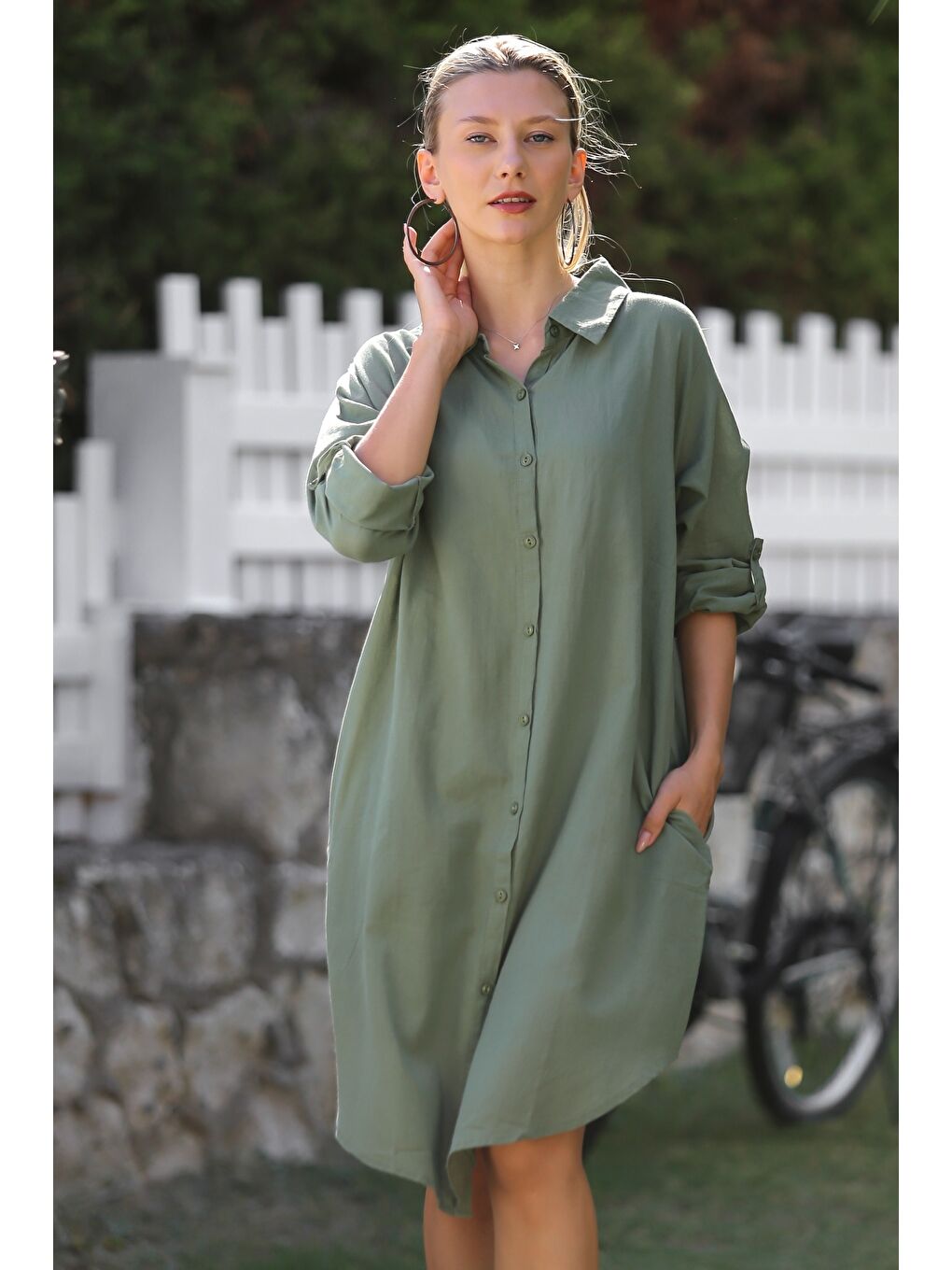 Haki Gömlek Yaka Düğmeli Uzun Kollu Cepli Tavuskuşu Nakışlı Pamuklu Dokuma Casual Elbise-6