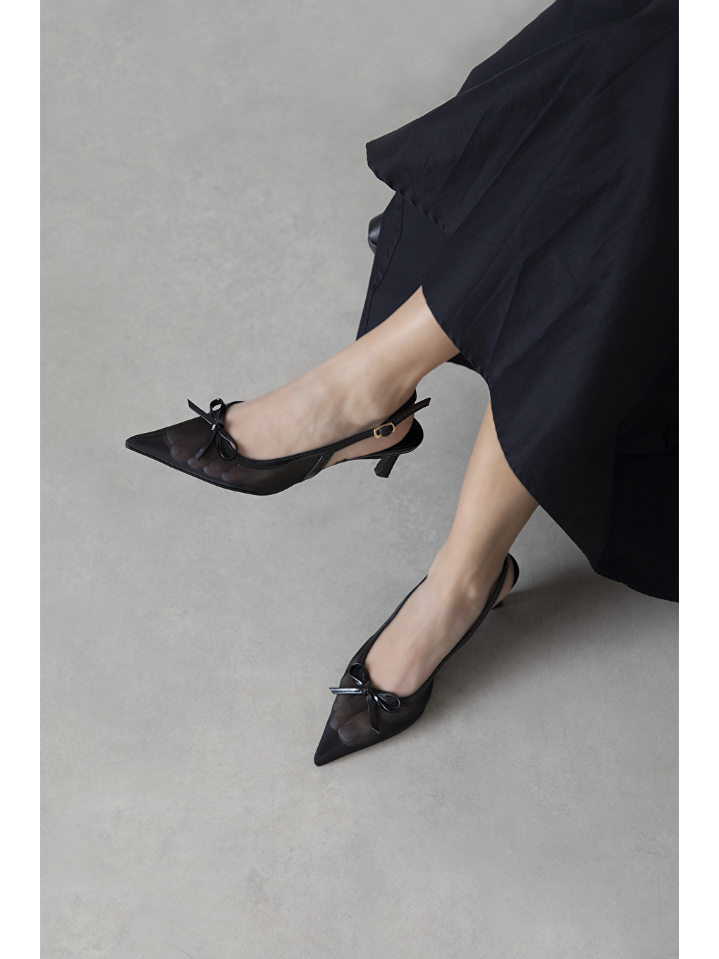 Noble  Kadın Topuklu File Detay Kırışık Deri Ayakkabı Siyah-1