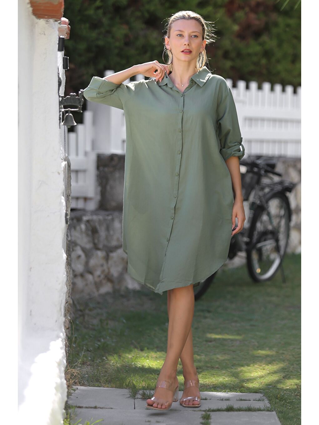 Haki Gömlek Yaka Düğmeli Uzun Kollu Cepli Tavuskuşu Nakışlı Pamuklu Dokuma Casual Elbise-7