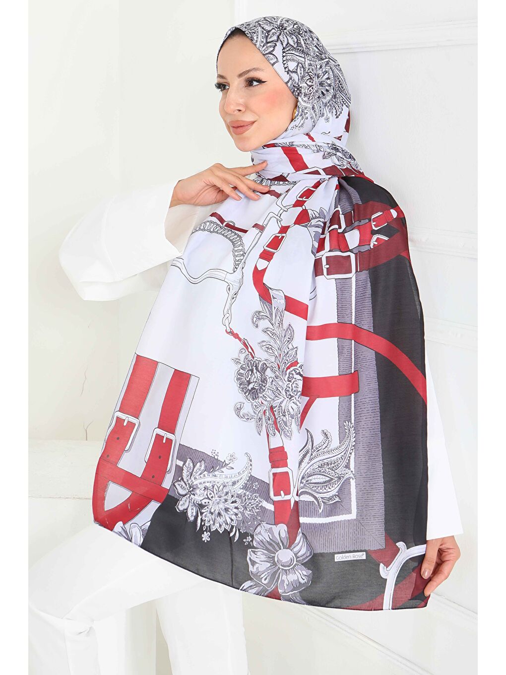 Kemerli Çiçek Bahçesi Serisi Pamuk Şal Bordo - 27858-BORDO