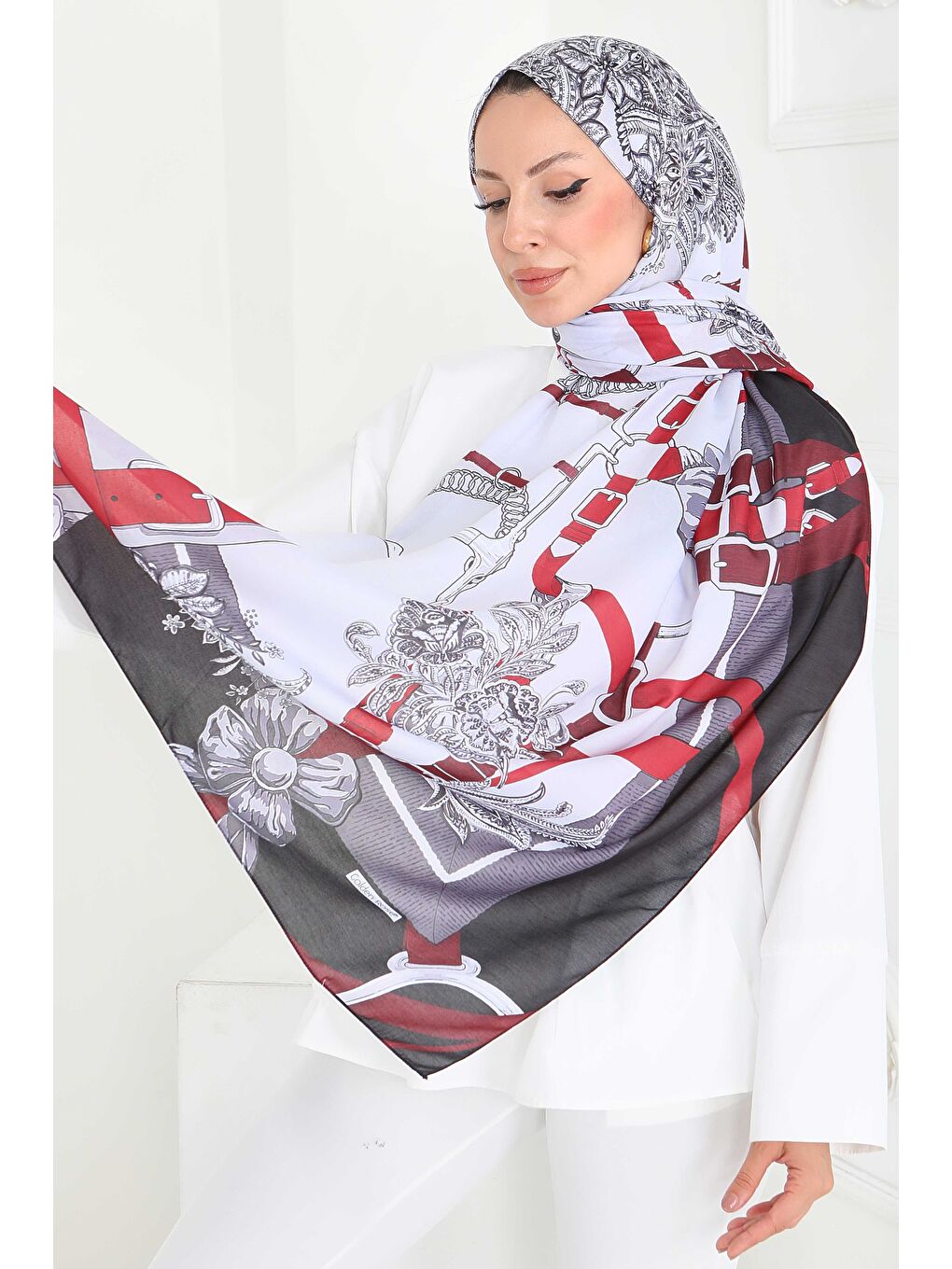 Kemerli Çiçek Bahçesi Serisi Pamuk Şal Bordo - 27858-BORDO-1