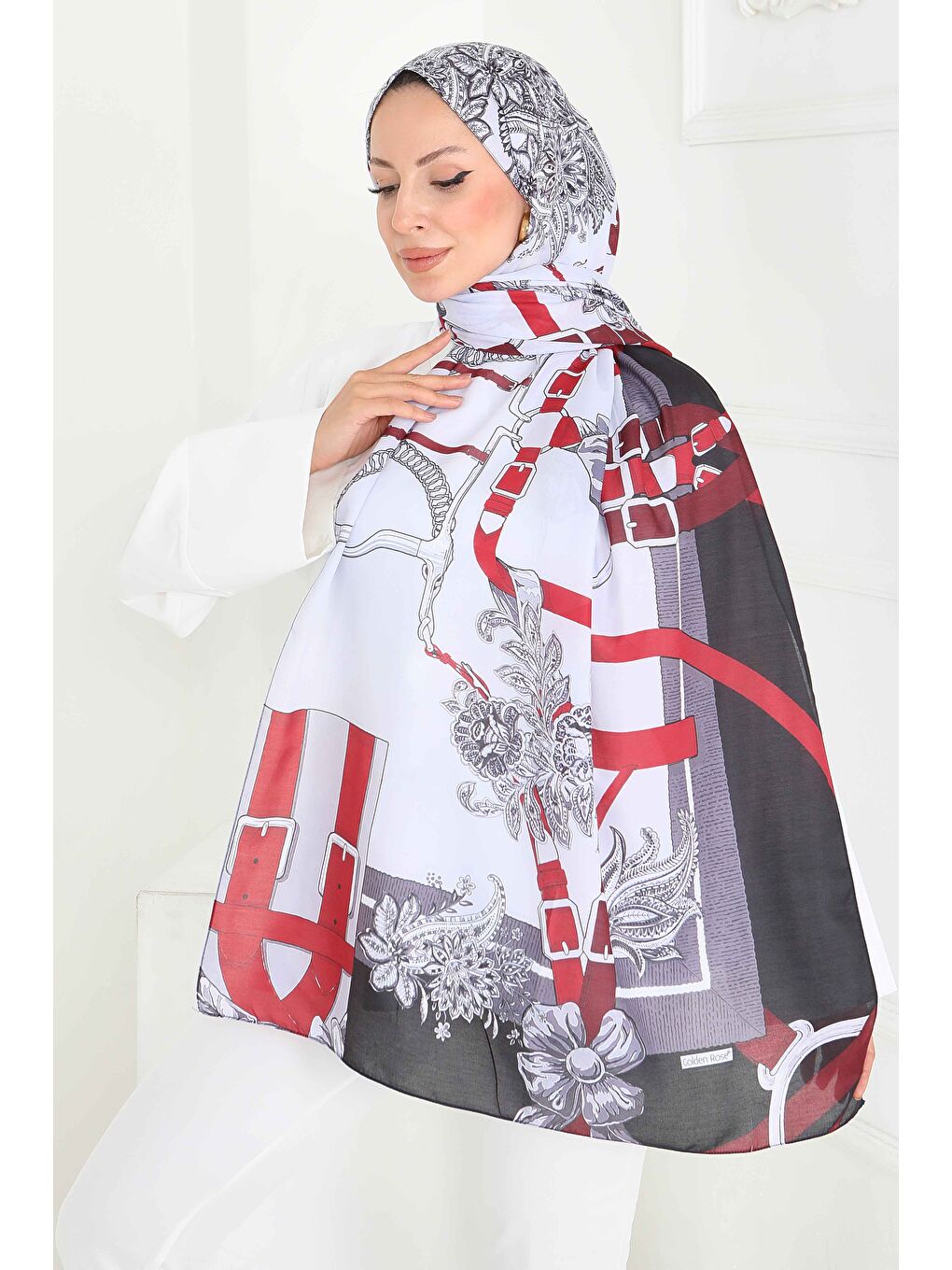 Kemerli Çiçek Bahçesi Serisi Pamuk Şal Bordo - 27858-BORDO-2