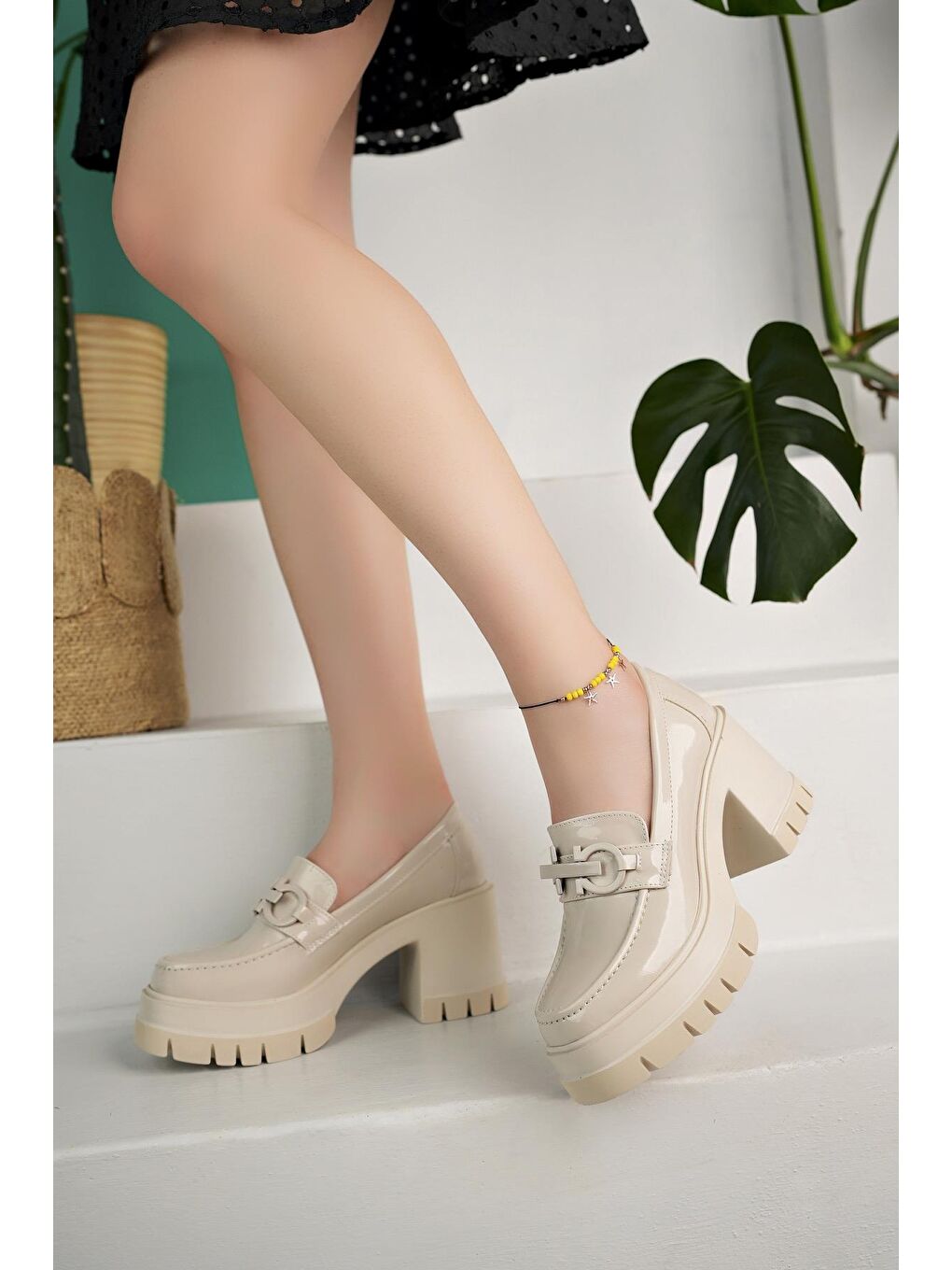 Bej VALENCİA Kadın Kalın Topuklu Yuvarlak Burunlu Metal Tokalı Loafer Günlük Ayakkabı-2