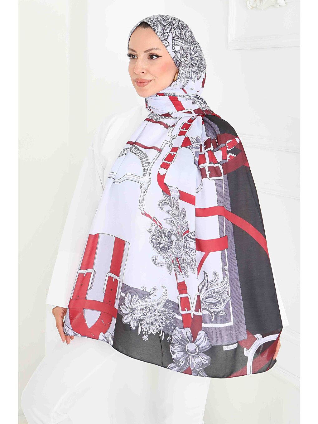 Kemerli Çiçek Bahçesi Serisi Pamuk Şal Bordo - 27858-BORDO-3