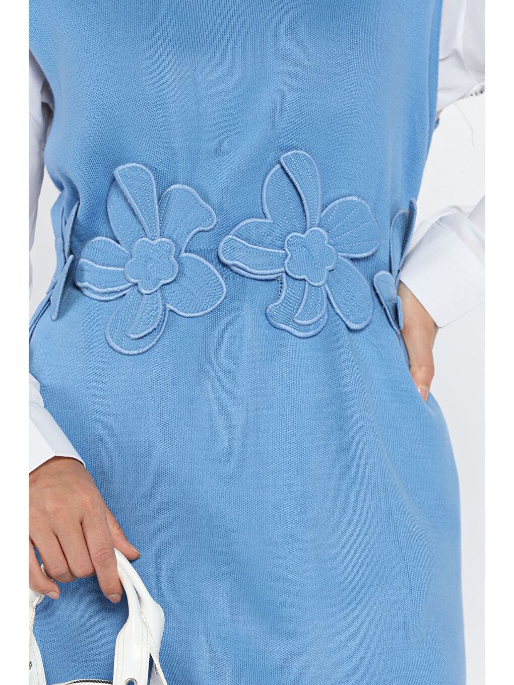 Mavi Gül Figürlü Triko Elbise Gömlek Tesettür İkili Takım-7