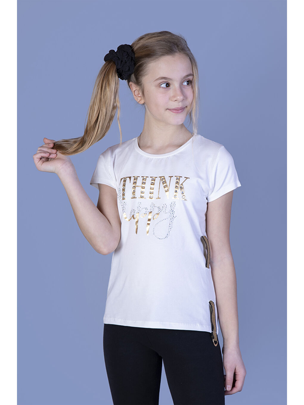 Ekru Kız Çocuk Baskılı Taş İşlemeli Yanı Şerit Detaylı Tişört