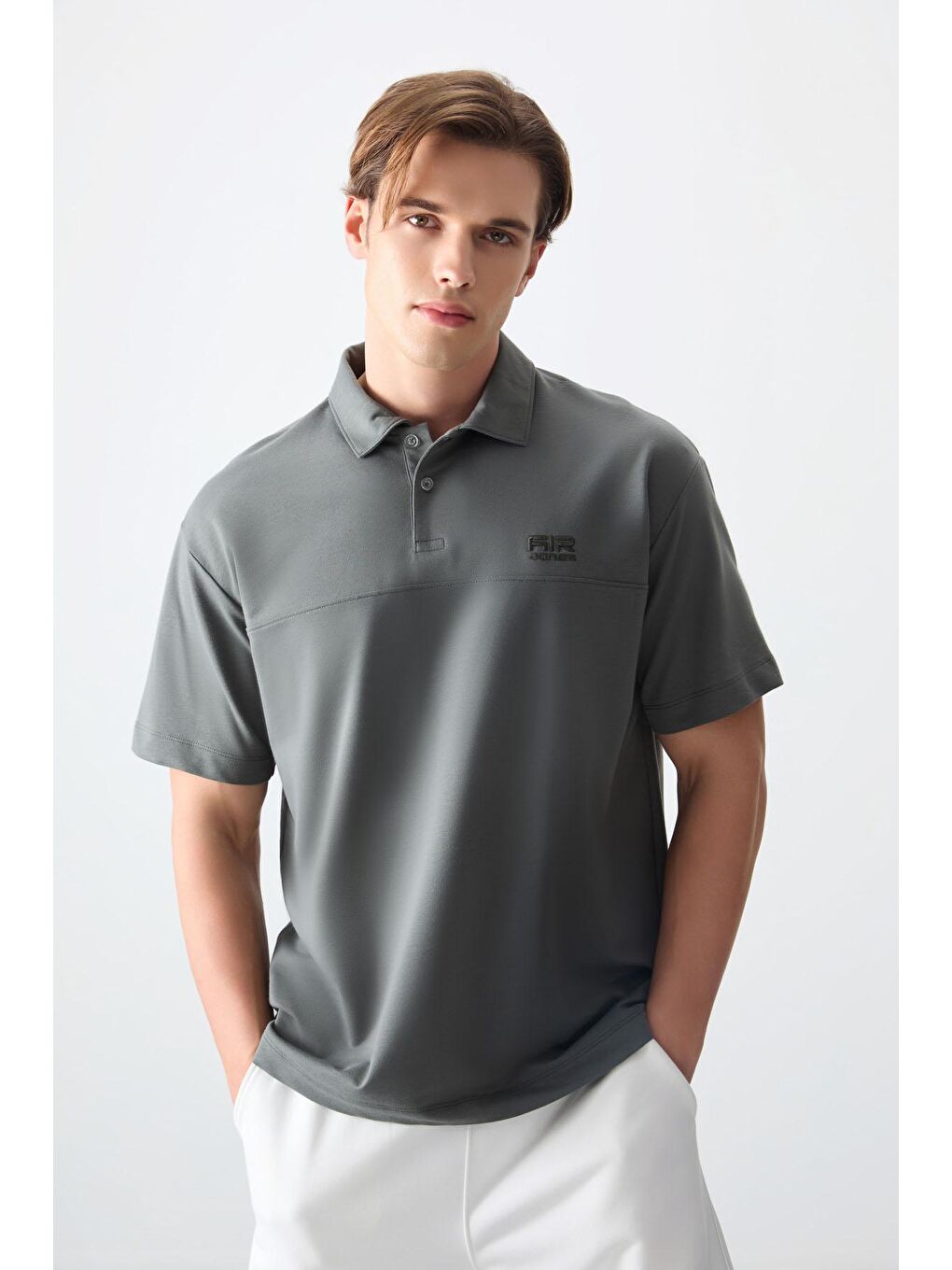 Haki Pamuklu Kalın Yumuşak Dokulu Polo Yaka Oversize Fit Basic Erkek Tişört - 88382